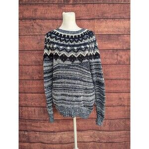Bass Fair Isle crewneck knit sweater Blue & White Cotton Blend Sz M Scandi